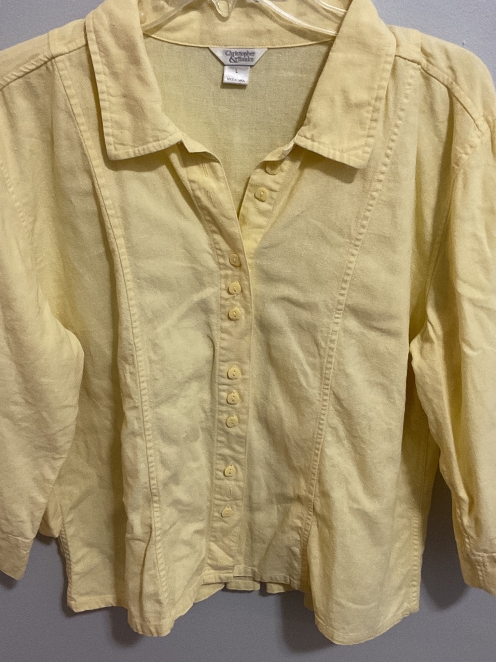 Christopher & Banks 3/4 Sleeve Linen Blend Sunny Yellow Button Up Top, Large